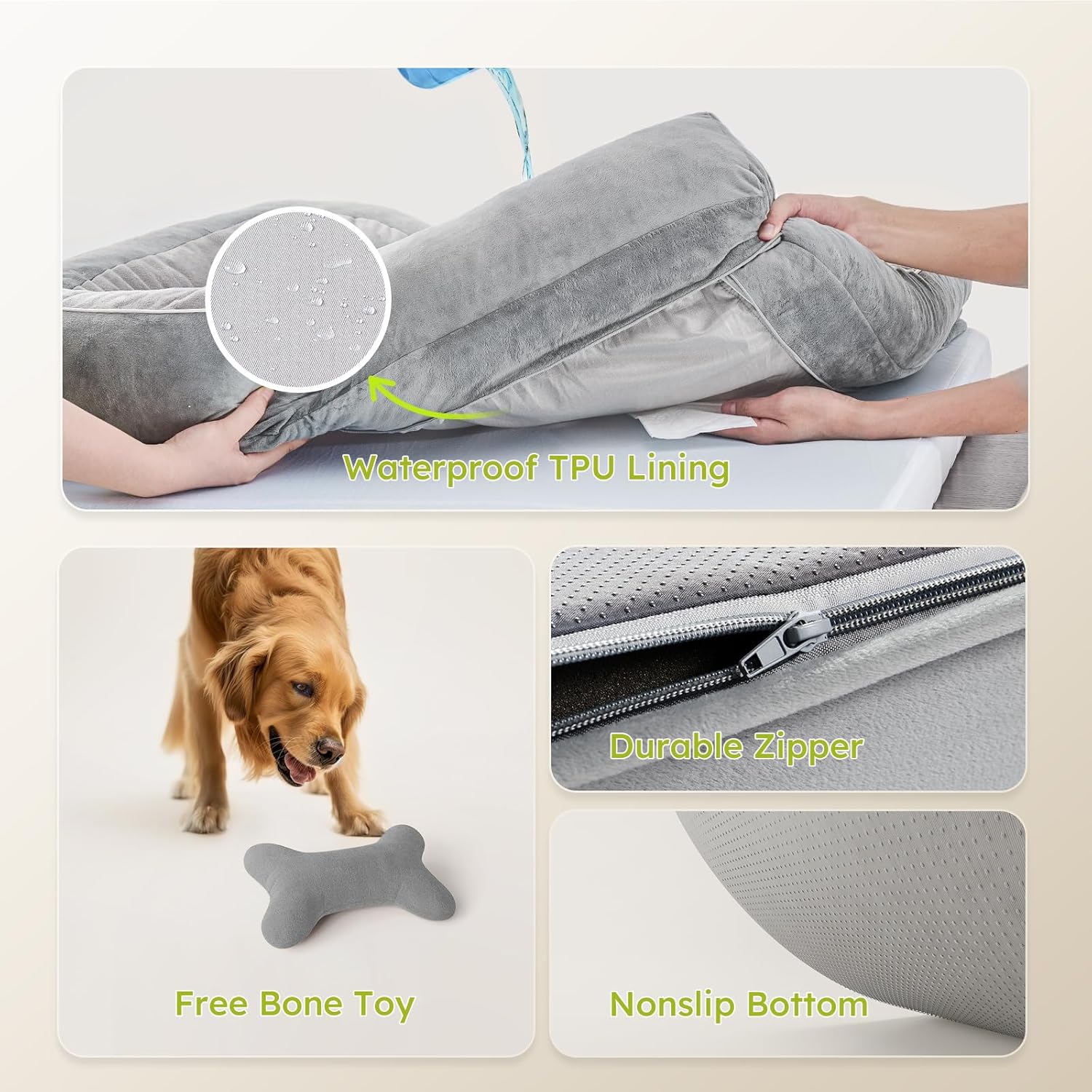 CWAWZ Extra Large Dog Bed, Orthopedic Dog Bed with Cooling Gel Memory Foam, Waterproof XL Pet Bed with Removable Washable Cover, 42" Pet Sofa Couch Dutch Velvet with Bone Toy, Light Gray - Image 6