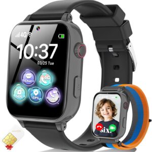4G Kids Smart Watch for Boys Girls, Kid Watch Phone Ages 4-12 with Call, GPS, SOS, Video Call, Games, Camera, Alarm, Touchscreen Smartwatch for Children Birthday Gift (Includes SIM Card), Black