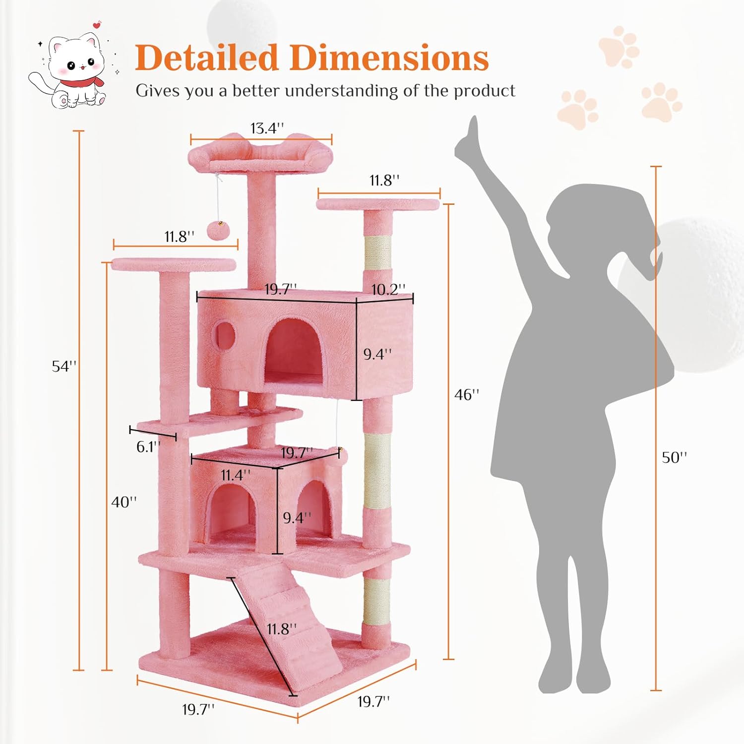 Sweetcrispy 54 Inch Cat Tree Tower, Multi-Level with Cat Scratching Post, Indoor Cat Condo with Climbing Ladder, Plush Toy, Play House for Cat, Pink - Image 5