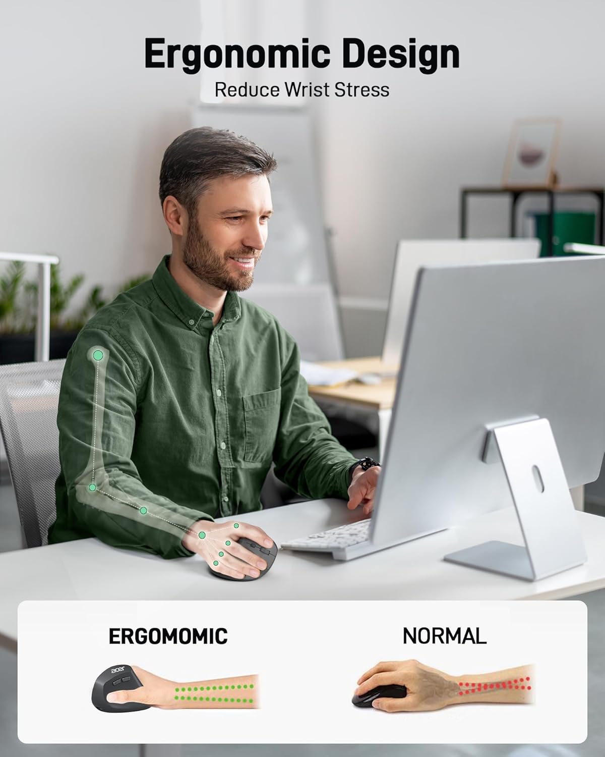 acer Ergonomic Mouse Wireless, Adjustable DPI Vertical Mouse 1000/1200/1600 with 6 Buttons, Rechargeable Ergo Mice, Medium to Large Sized Hands, 2.4GHz USB Receiver for Computer, Laptop, PC - Image 2