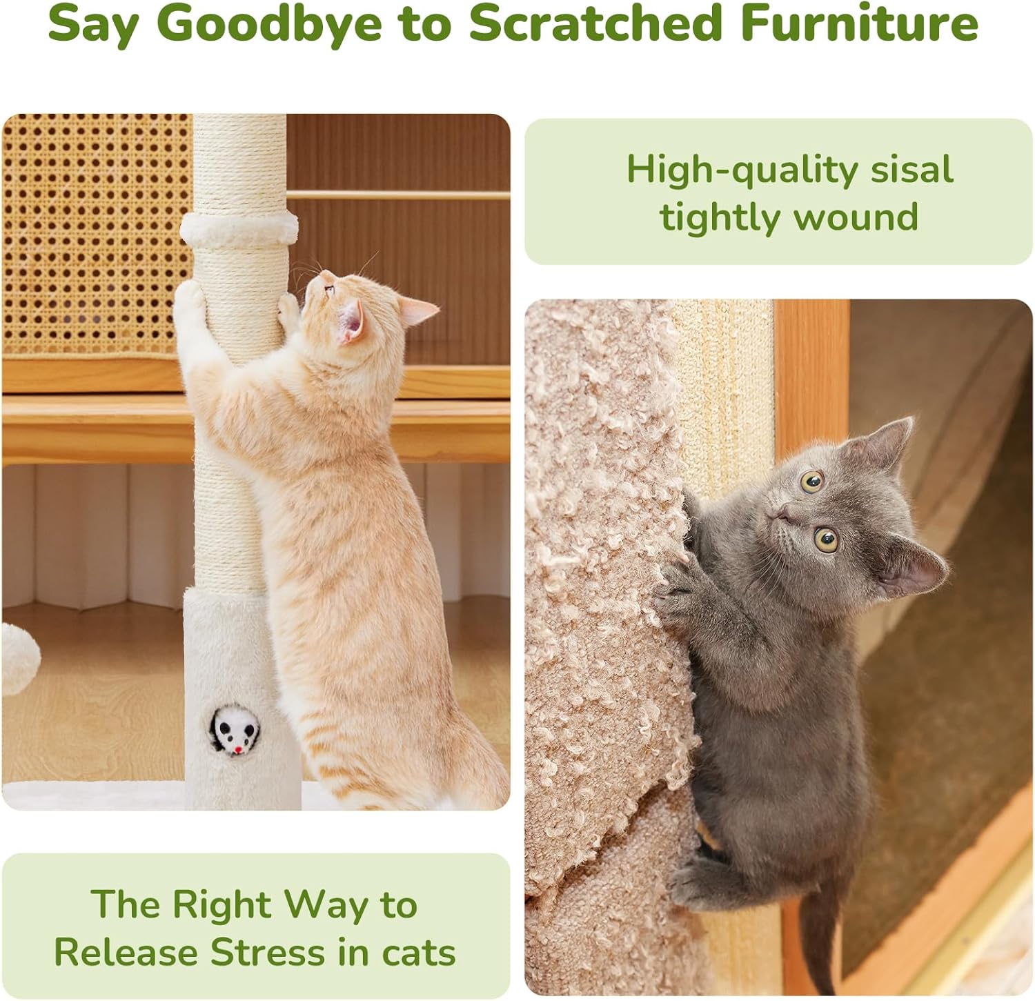 Woochpet Cat Scratching Posts 33" for Adults Cats, Cat Scratcher with Soft Fabric Covering Base and Durable Sisal Rope, Scratcher with Fun Mouse Hole and Cat Toy for Tall Cats (White) - Image 5