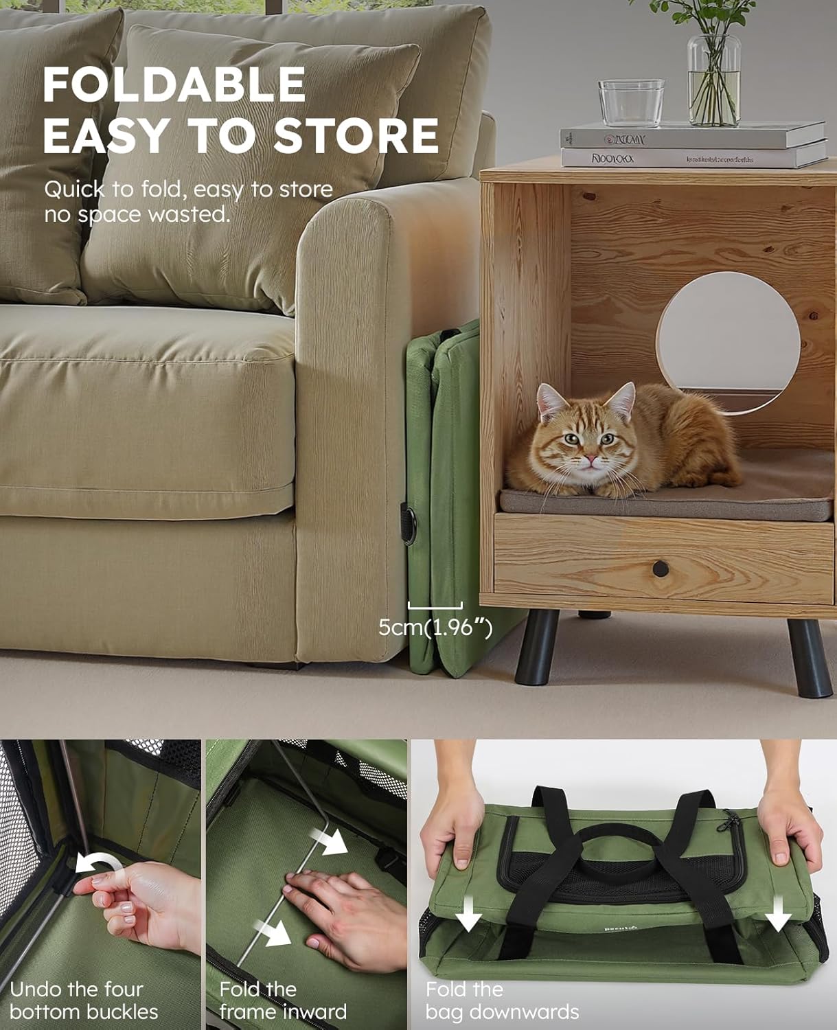 Pecute Cat Carrier Stable, Pet Carrier with Hidden Anxiety Relief Partition & Stable Steel Frame, Safe Cat Carrier for Car Travel, Soft-Sided Dog/Cat Carrier Bag for Pets Up to 11lbs, Green - Image 7