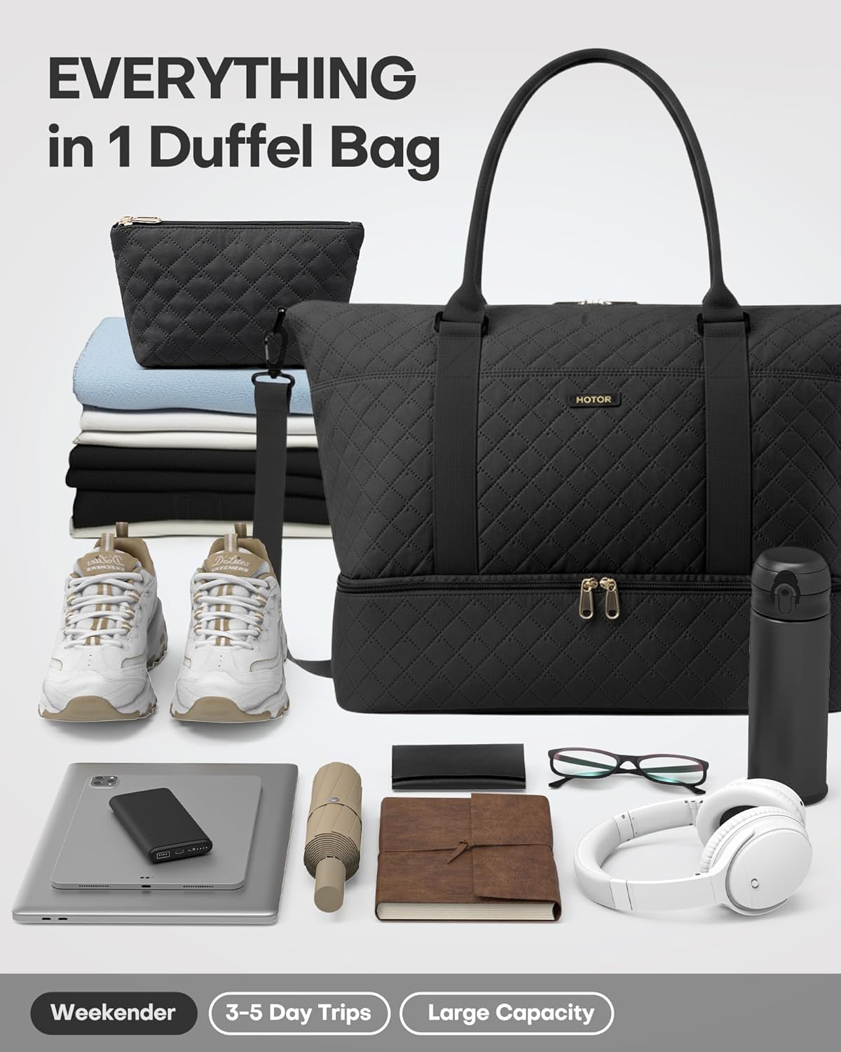 HOTOR Travel Duffel Bag - Weekender Bags for Women, Gym Tote Bags with Shoe Compartment, Carry On Overnight Bag with Toiletry Bag for Travel Essentials and Travel Accessories, Black, 13.4"×17.3"×7.9" - Image 4
