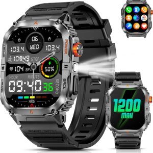 2.0″ Large Screen Military Smart Watch for Men, 1200mAh Battery, 100+ Days Battery, Bluetooth Calls, LED Flashlight, IP68 Waterproof, 110+ Sports Modes, Heart Rate/SpO₂/Sleep Monitor for Android & iOS