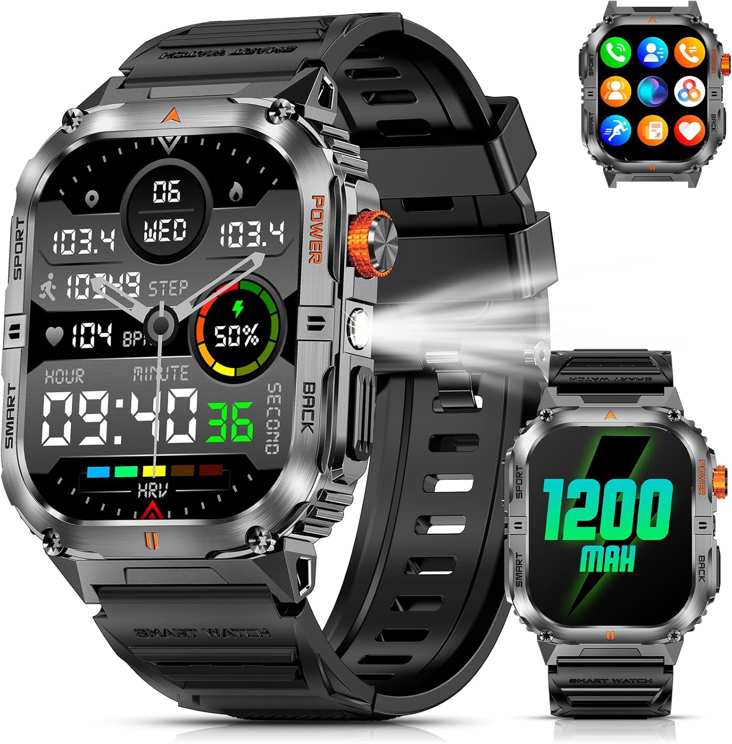 2.0" Large Screen Military Smart Watch for Men, 1200mAh Battery, 100+ Days Battery, Bluetooth Calls, LED Flashlight, IP68 Waterproof, 110+ Sports Modes, Heart Rate/SpO₂/Sleep Monitor for Android & iOS