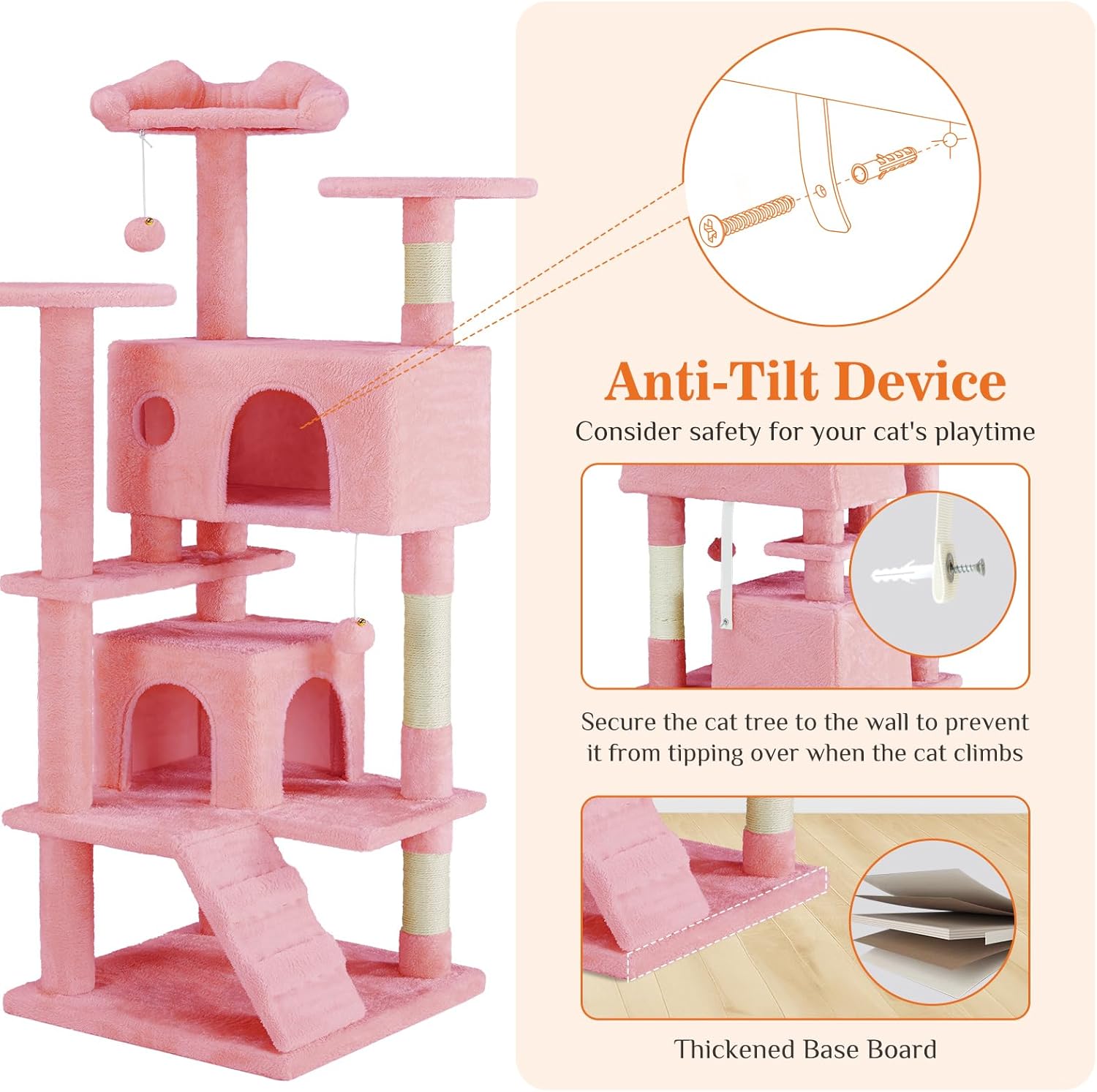 Sweetcrispy 54 Inch Cat Tree Tower, Multi-Level with Cat Scratching Post, Indoor Cat Condo with Climbing Ladder, Plush Toy, Play House for Cat, Pink - Image 6