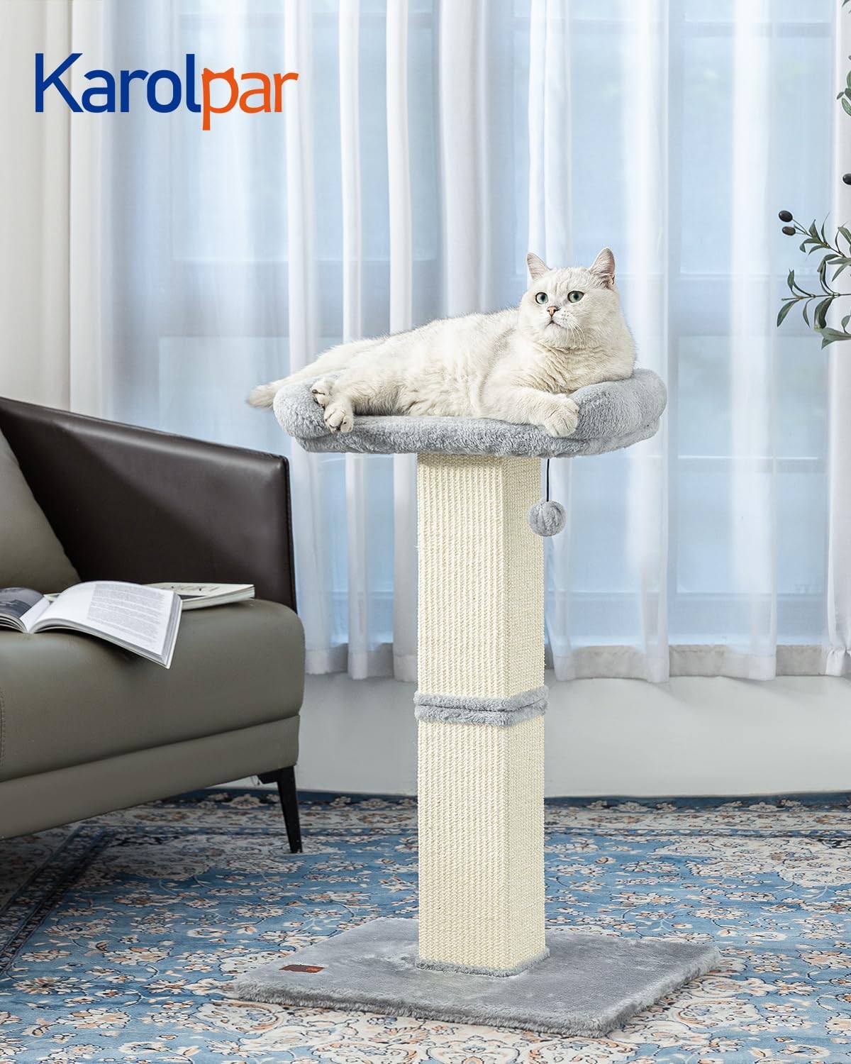 Karolpar 32" Cat Scratching Post for Indoor Cats, Sisal Cat Scratcher with Plush Perch, Large Scratch Post with Bed, Removable Cover, Sisal Fabric,Light Grey - Image 2