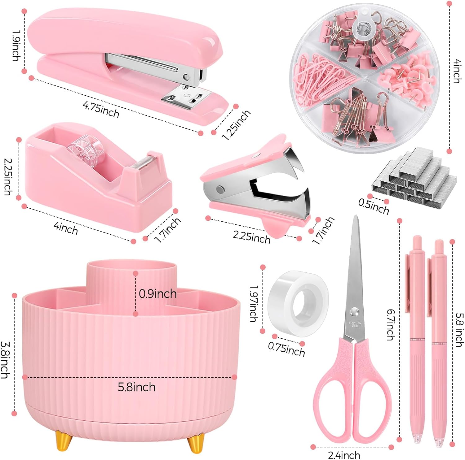 SKYDUE Pink Desk Accessories 10Pcs, Rotating Pen Holder for Desk, Stapler, Staple Remover, Tape Dispenser,2pcs Tape Refills, Binder Paper Clips Kit, Scissor,Pink Office School Supplies - Image 6