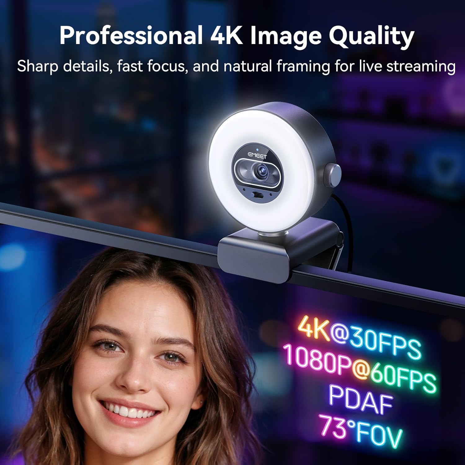 EMEET S600L 4K Webcam for Streaming with Ring Light, 4 Lighting Modes, Rainbow Effect, 1/2" Sensor, AI Imaging, 0.2S PDAF, 2 Mics, Dial Control, 4K Webcam with Light for OBS/Twitch/YouTube/Zoom/PC/Mac - Image 3