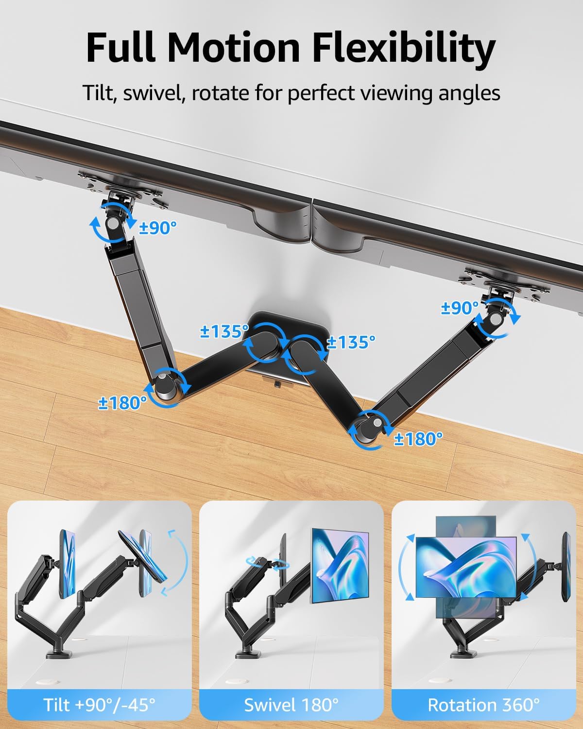 MOUNTUP Dual Monitor Stand for Desk, Monitor Arms for 2 Monitors 32 27 24 22 Inches, Height Adjustable Double Monitor Mount, VESA Mount with C-Clamp & Grommet Base, Holds 4.4-17.6lbs - Image 5