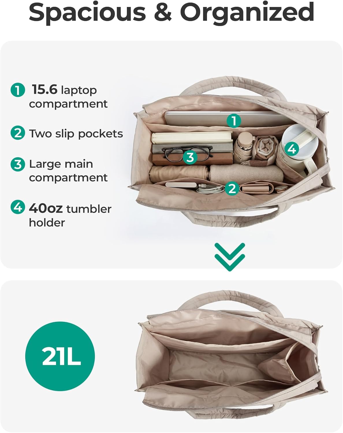 BAGSMART Tote Bag for Women, 2Pc Puffer Tote Bag with Zipper, Quilted Work Tote Teacher Bag Shoulder Handbag | Beach Tote, Diaper Bag Tote, for Travel, Gym, Lightweight, Fit 15.6" Laptop, 21L Medium Tote - Image 5