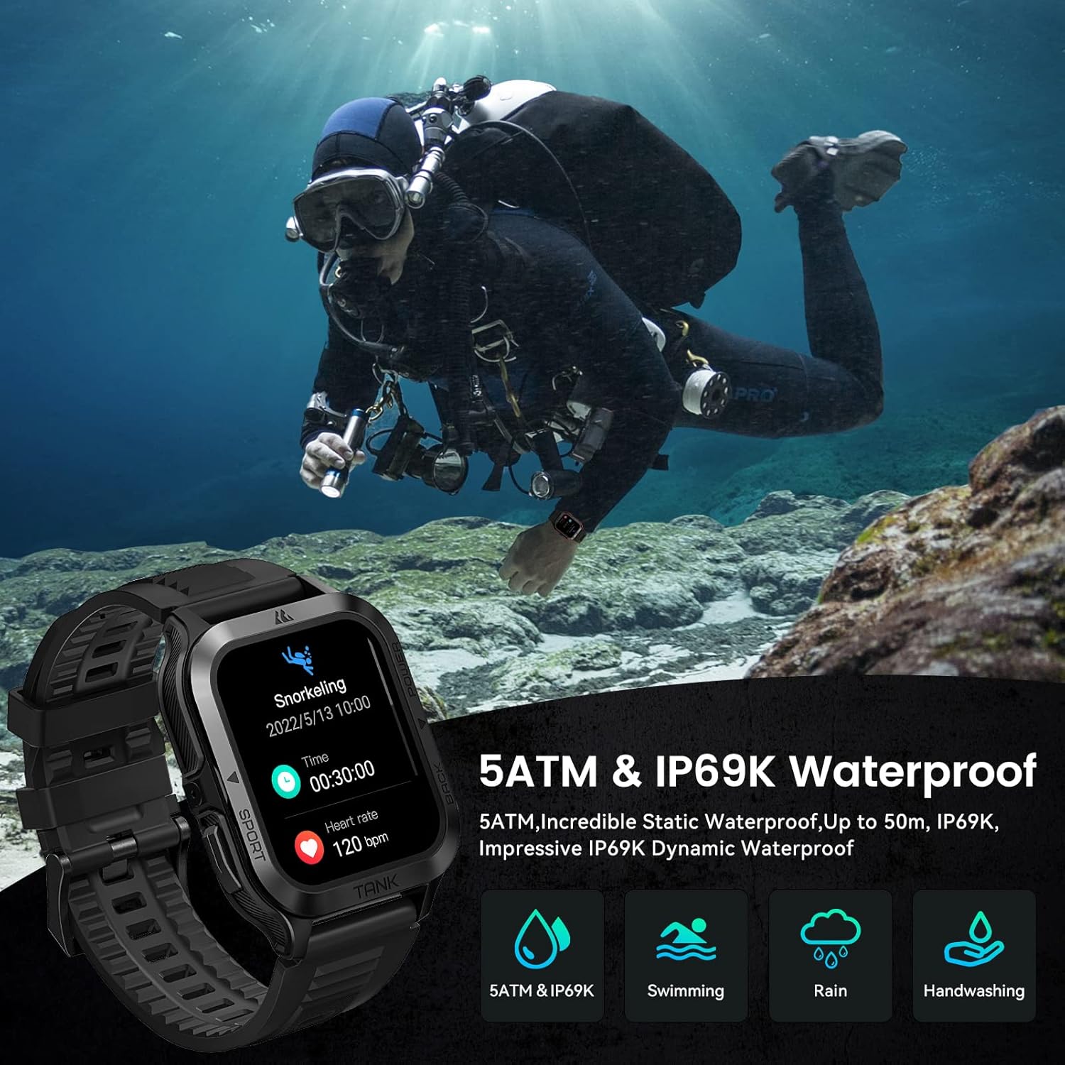 AMAZTIM Smart Watch, 60 Days Extra-Long Battery, 50M Waterproof, Rugged Military Bluetooth Call(Answer/Dial Calls), 1.85" Ultra Large HD Display, AI Voice Assistant, Compatible for Android and iOS - Image 5