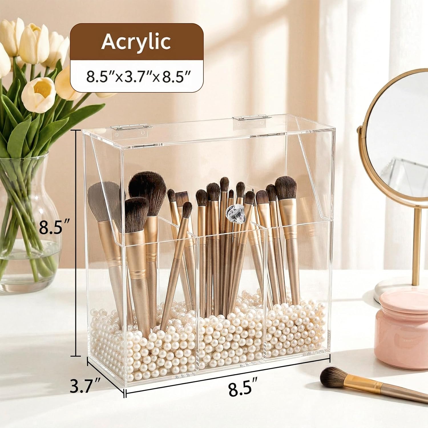 Okllen Makeup Brush Holder with Dustproof Lid, White Pearls, Acrylic Clear Makeup Brush Organizer with 3 Compartment, Large Cosmetic Brush Storage Box Case for Vanity, Bathroom, Bedroom - Image 2