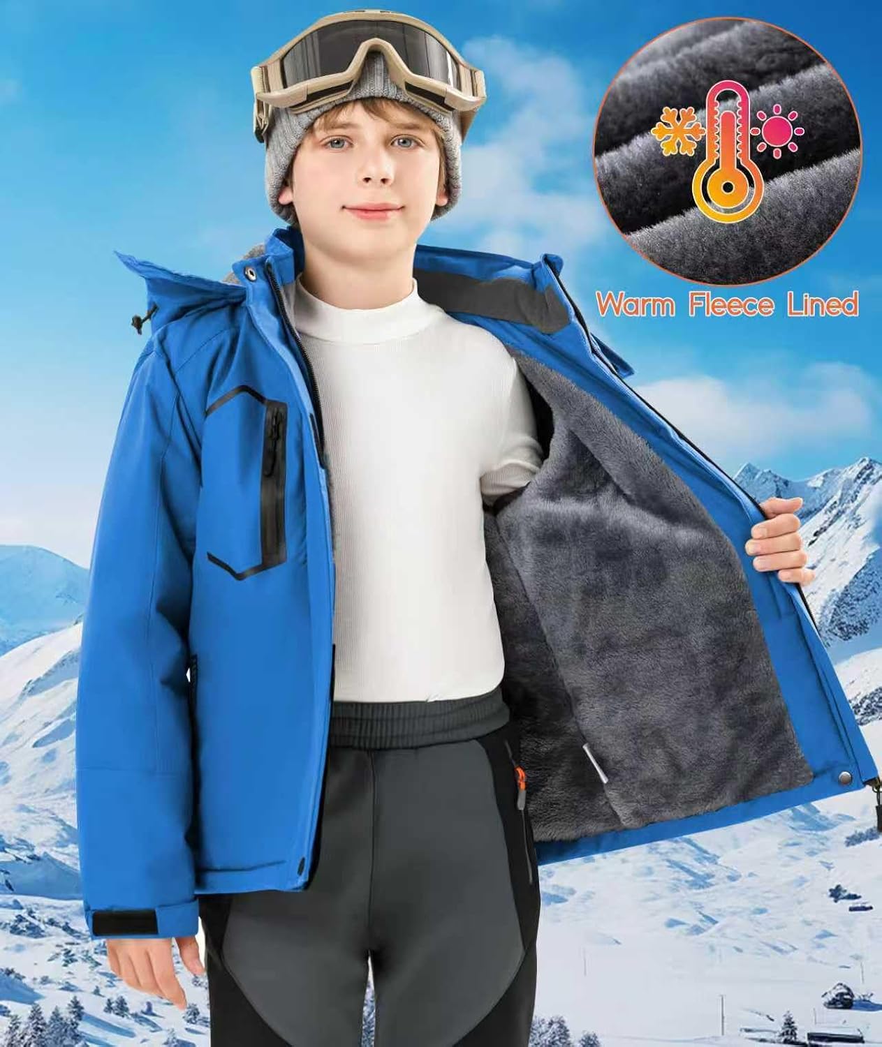 Kids Winter Jackets Warm Fleece Waterproof Snow Jacket with Zipper Pockets Detachable Hood - Image 5