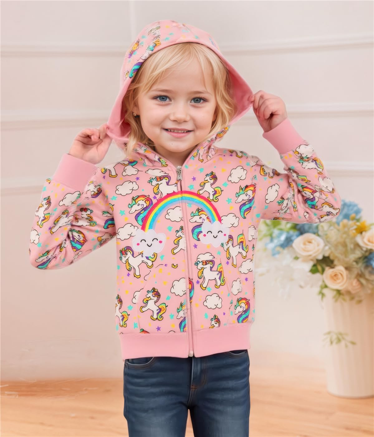 RETSUGO Girls Zip Up Hoodie Jacket Toddler Unicorn Rainbow Sweatshirt Kids Hooded Coat Casual Outerwear Size 2-7 Years - Image 2