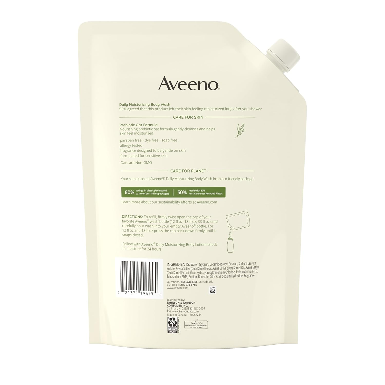 Aveeno Daily Moisturizing Body Wash for Sensitive Skin + Prebiotic Oat, Gently Cleanses, Nourishes & Feels Moisturizing Dry Skin, Light Fragrance, Refill Pouch, 36 fl. oz - Image 8