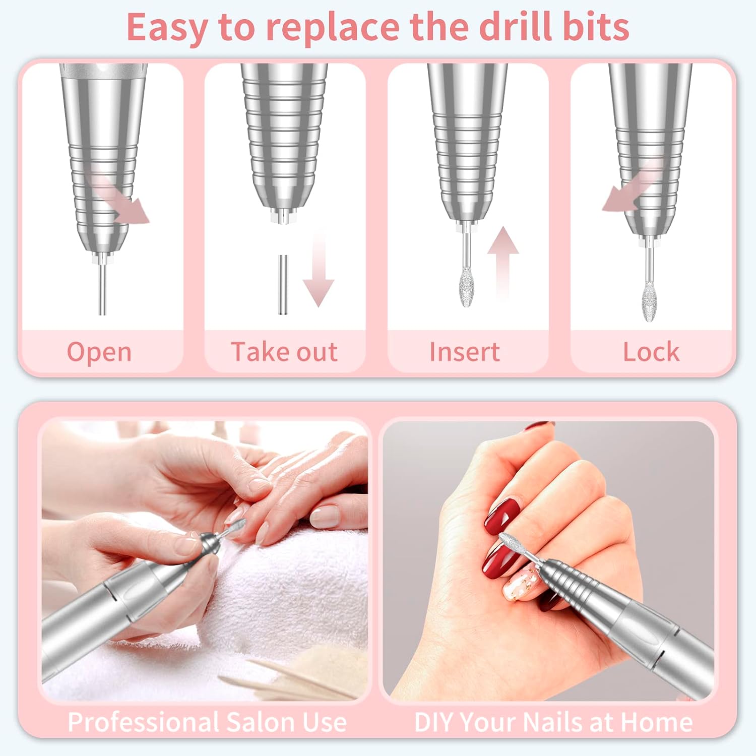 MOCOWIND Portable Nail Drill Professional 35000 RPM, Rechargeable Electric Nail File Machine Cordless E-File for Acrylic Gel Polishing Removing with Bits Kit for Manicure Salon Home, Pink - Image 6