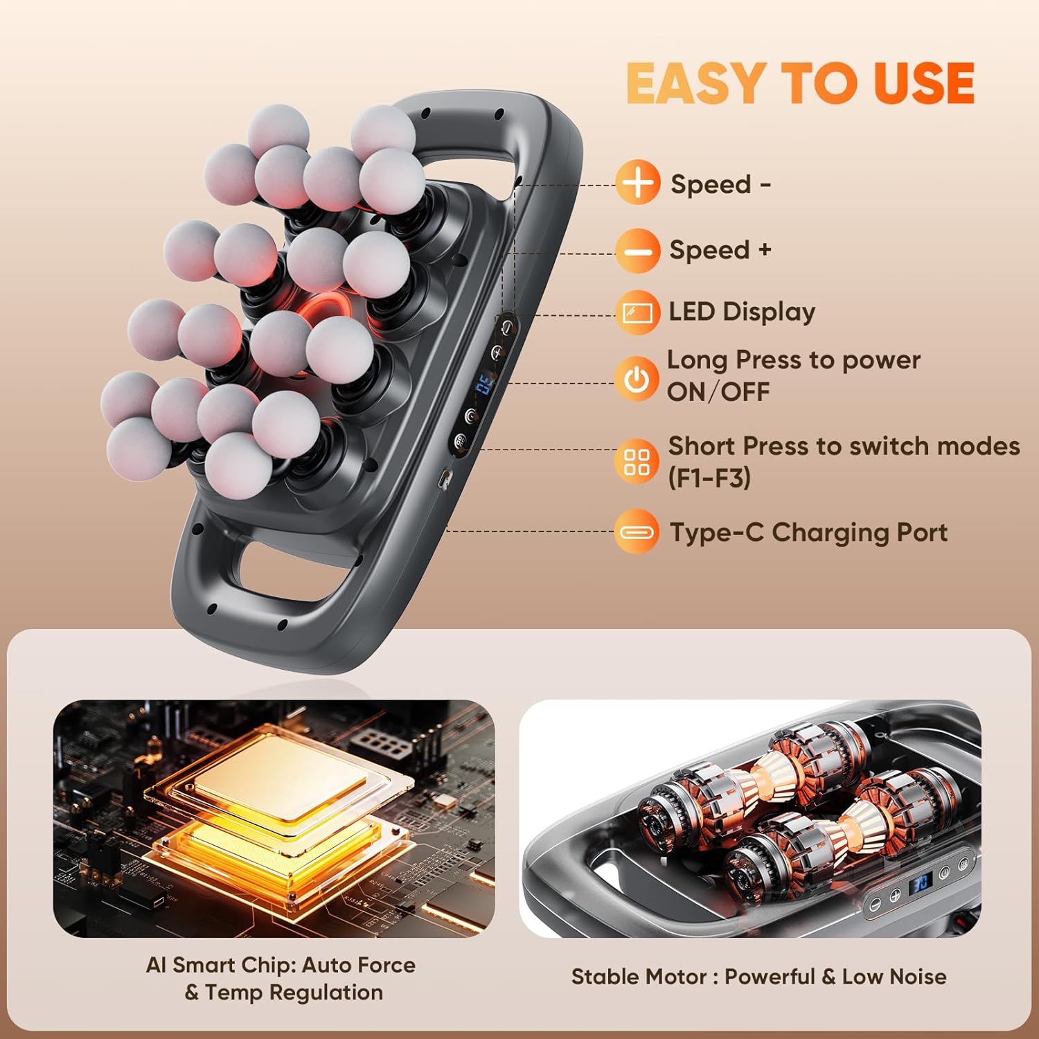 HOTU 20 Head Massage Gun Deep Tissue, Muscle Back Massager with 3 Modes & 30 Intensities, Portable Quiet Multi Mini Head Massager Gun for Hips/Legs/Waist/Shoulders/Foot Body Muscle Pain Relief - Image 5