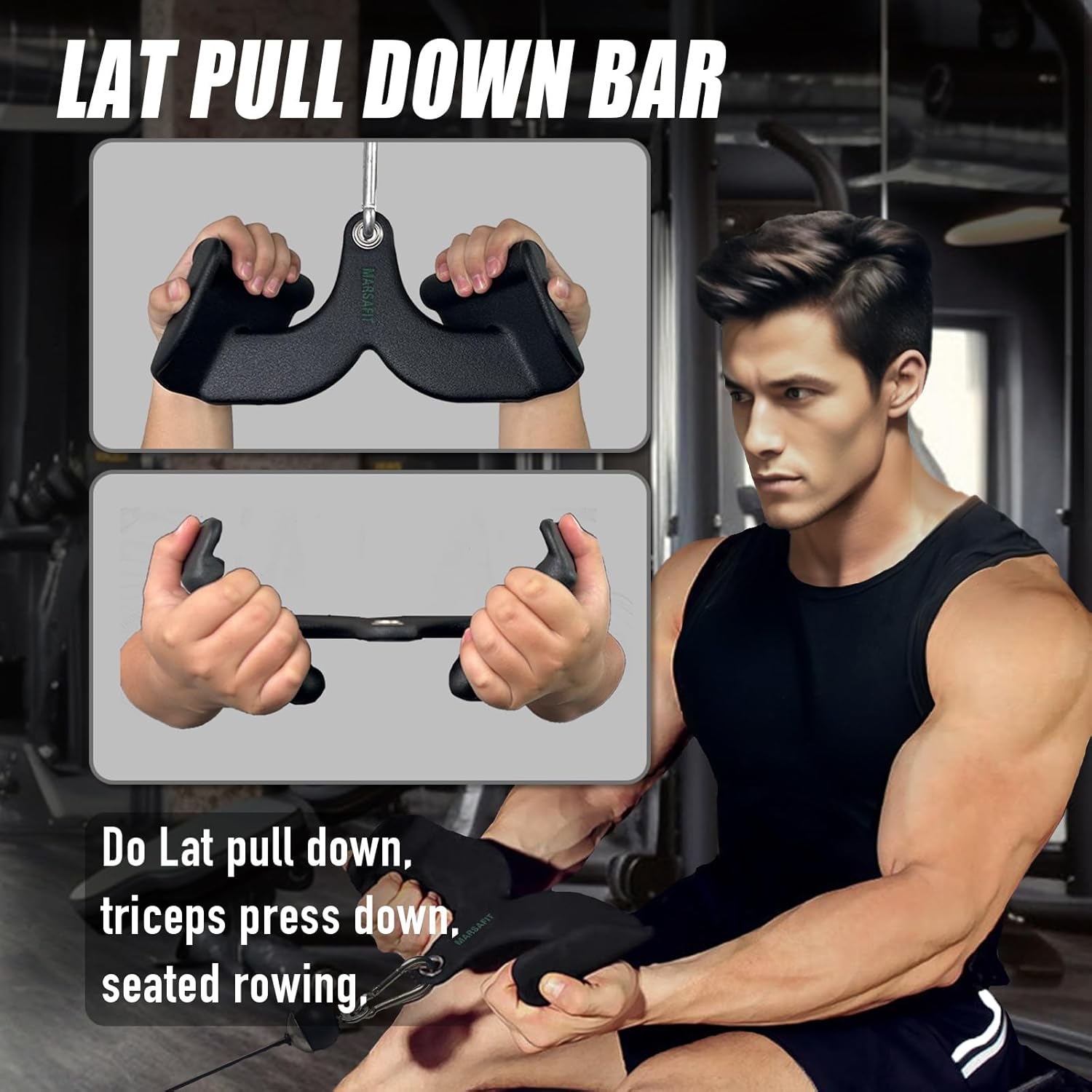 MARSAFIT Home Gym Fitness Rowing T-bar V-bar Pulley Cable Machine Attachment, Bicep Curl Tricep LAT pulldown Bar Back Strength Training Handle Grips LAT Pull Down Bar for Seat Row Workout - Image 6