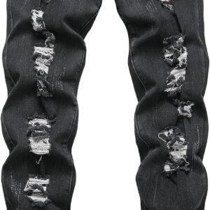 Men’s Slim Fit Stretch Jeans Ripped Distressed Straight Leg Fashion Black Pants