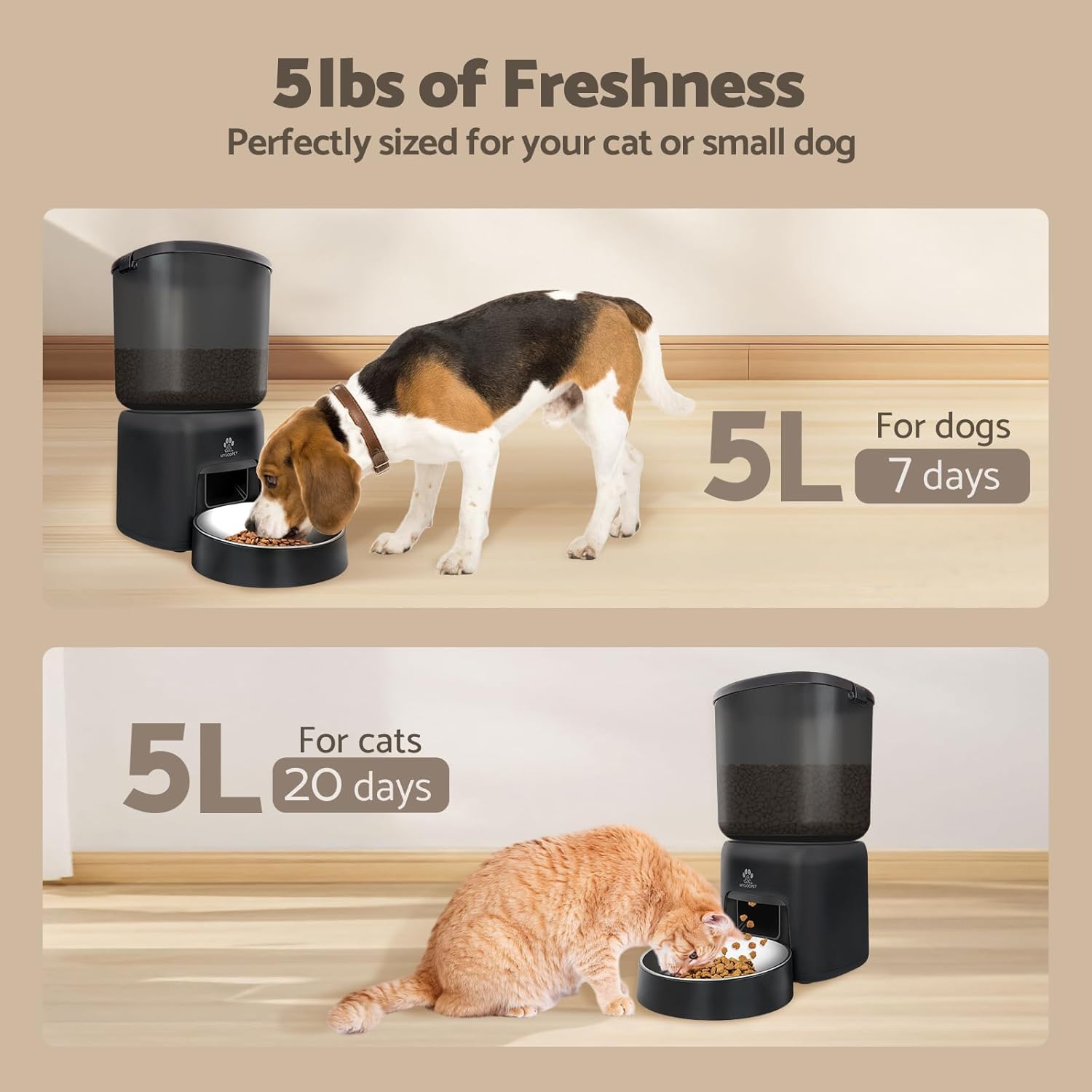 Automatic Cat Feeder, 5G WiFi Auto Cat Food Dispenser with Desiccant Bag, 5L Timed Pet Feeder with Free APP Service, Adjustable Portions Down to 1/12 Cup, Up to 10 Meals Per Day, Dual Power Supply - Image 2