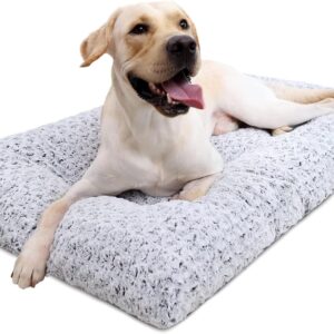 KSIIA Washable Dog Bed Deluxe Plush Dog Crate Beds Comfy Kennel Pad Anti-Slip Pet Sleeping Mat for Large, Jumbo, Medium, Small Dogs Breeds, 35″ x 23″, Gray