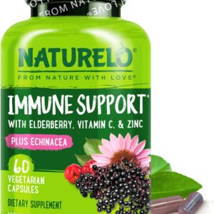 NATURELO Immune Support – Vitamin C, Elderberry, Zinc, Echinacea – Natural Immunity Boost w/Antioxidant, Herbal & Mineral Defense – 60 Vegan Capsules