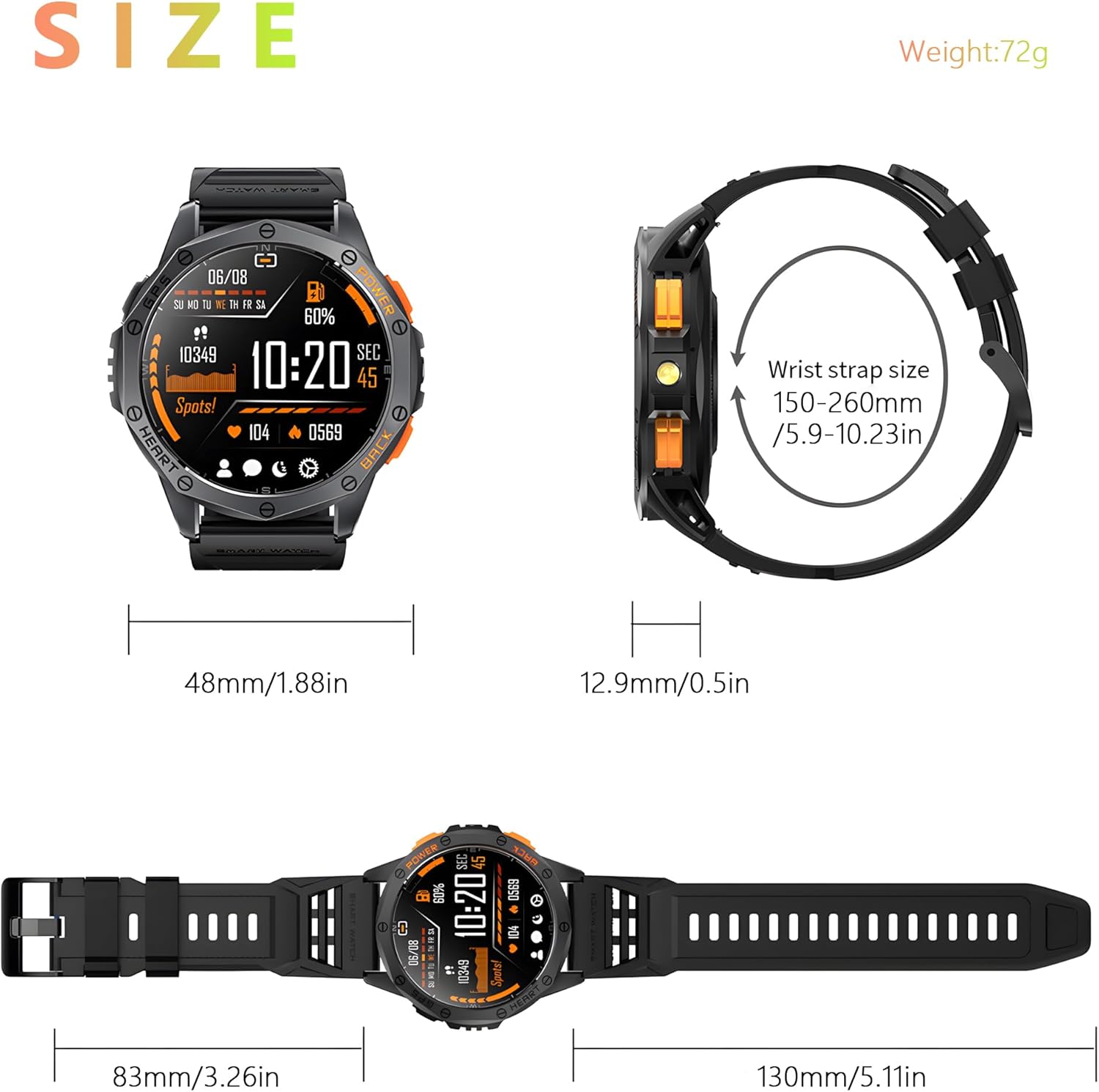 Military Smart Watch With GPS, 170+ Sport Modes Smartwatch with Heart Rate Monitor, Compass, Flashlight, GPS, Smart Watch for men,1.43" AMOLED Screen Bluetooth Call,Compatible iOS & Android (2 Bands) - Image 7