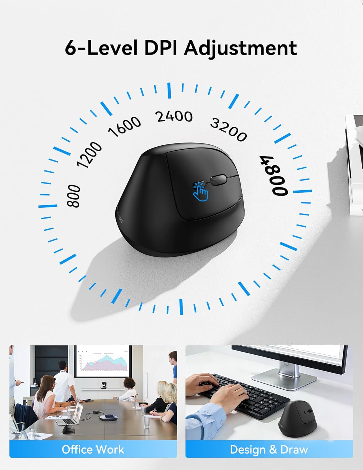 TECKNET Ergonomic Mouse, Wireless Bluetooth Vertical Mouse (BT5.3/3.0 & 2.4G) Rechargeable 4800 DPI Optical Mouse with 6 Adjustable DPI, Quiet Clicks, USB A Receiver, 6 Buttons - Wide Compatibility - Image 4