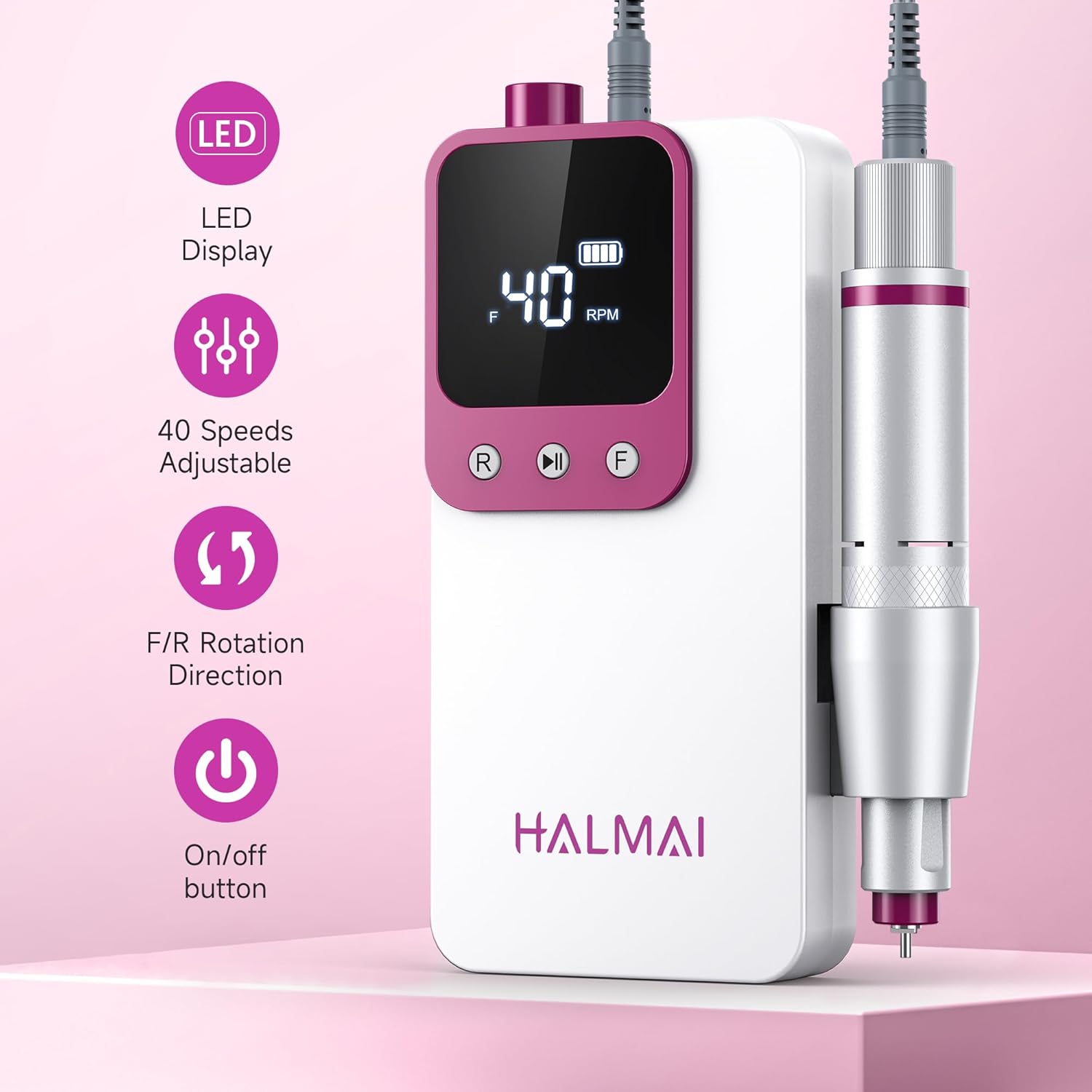 Electric Nail Drill Professional, Portable Nail File for Acrylic Gel Nails, Cordless Rechargeable Ultra Power Nail Drill Kit 40000RPM, HMC320 Salon-Grade Efile Nail Machine (White) - Image 4
