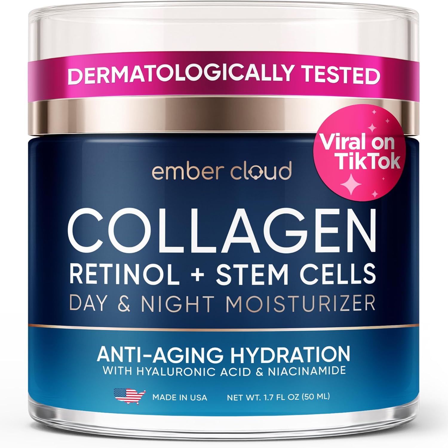 Moisturizer Collagen Anti-Aging Face Cream with Stem Cells, Retinol, Hyaluronic Acid & Niacinamide - Hydrating Day & Night Wrinkle Cream for All Skin Types - Airless Pump - Made in USA - 1.7Oz