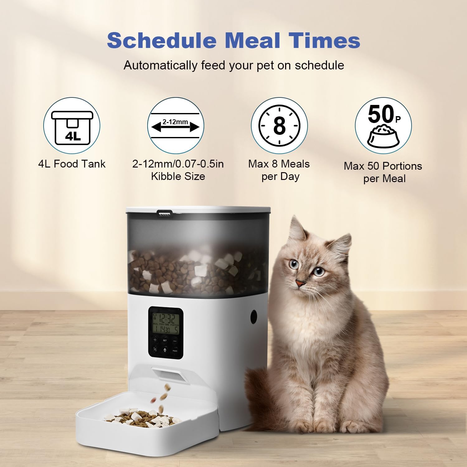 ANDOLL HOME Automatic Cat Feeder, 4L Cat Food Dispenser with 10s Voice Recorder, Pet Feeder up to 8 Meals per Day, Timed Dog Feeder with Dry Food Sealed Ring - Image 2