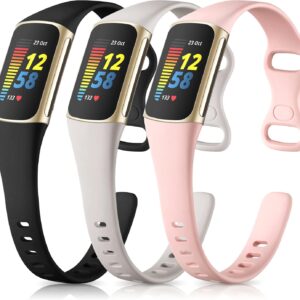 Maledan Slim Band Compatible with Fitbit Charge 5 Bands/Charge 6 Bands Women Men, Soft Silicone Adjustable Sport Band Wristbands for Fitbit Charge 5/Charge 6 Fitness Tracker, 3 Pack Black/Gray/Pink