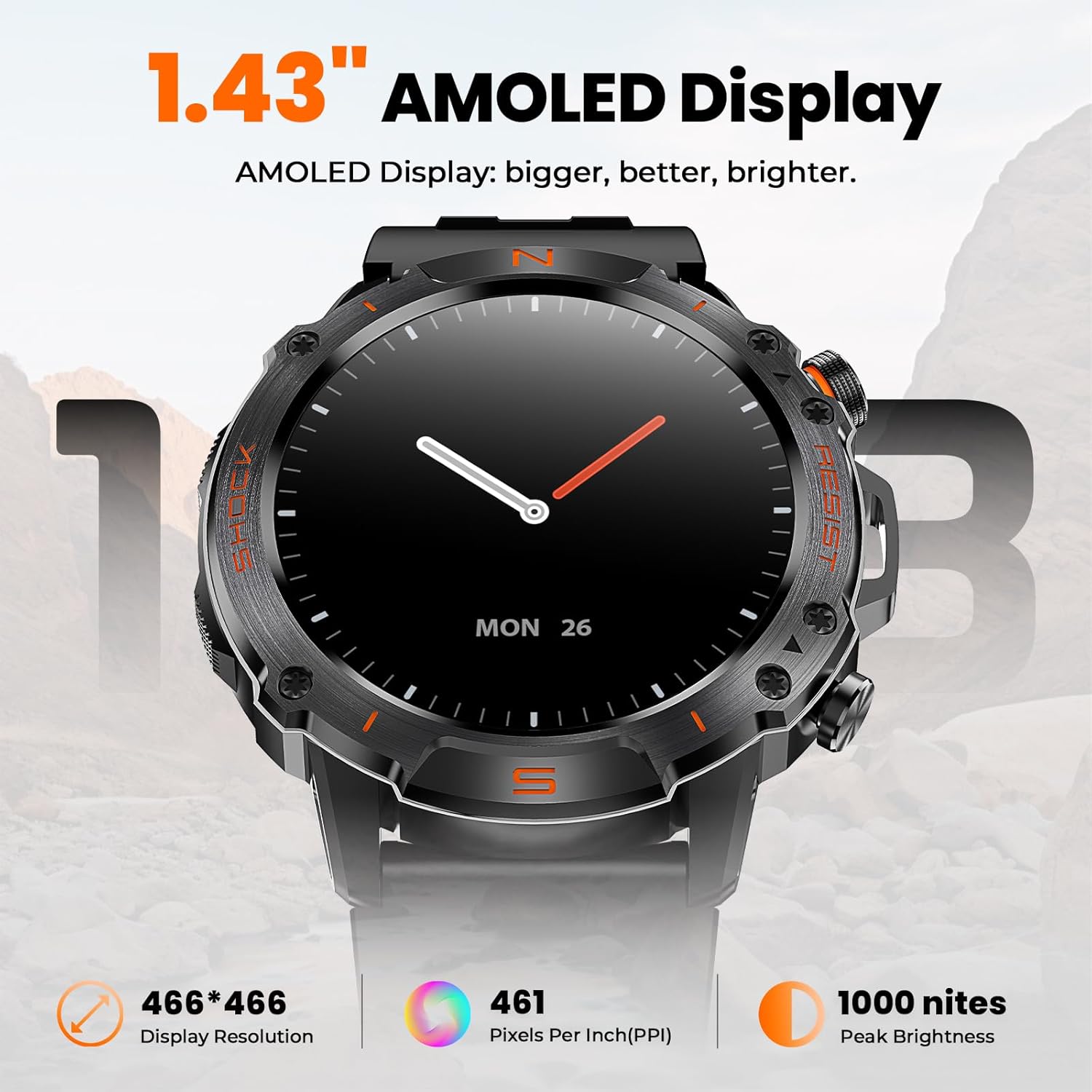 WalkerFit Outdoor Smart Watch for Men, 1.43" AMOLED Black Silicone Band, 5ATM Waterproof for Hiking Climbing Trail Run Swim, 170+ Sports, Compass Heart Rate SpO2, Adventure Watch for iPhone Android - Image 8