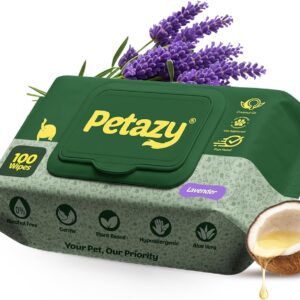 Petazy Pet Wipes for Dogs and Cats – 100 Count (8x8in) Hypoallergenic, Deodorizing Dog Wipes for Paws, Ears and Butt | XL with Aloe & Coconut oil, Lavender Scented | Travel Size, Single On-the-Go Pack