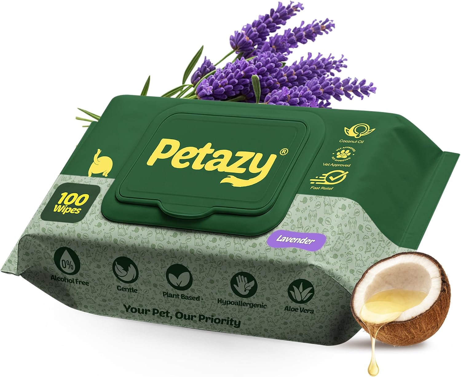 Petazy Pet Wipes for Dogs and Cats – 100 Count (8x8in) Hypoallergenic, Deodorizing Dog Wipes for Paws, Ears and Butt | XL with Aloe & Coconut oil, Lavender Scented | Travel Size, Single On-the-Go Pack