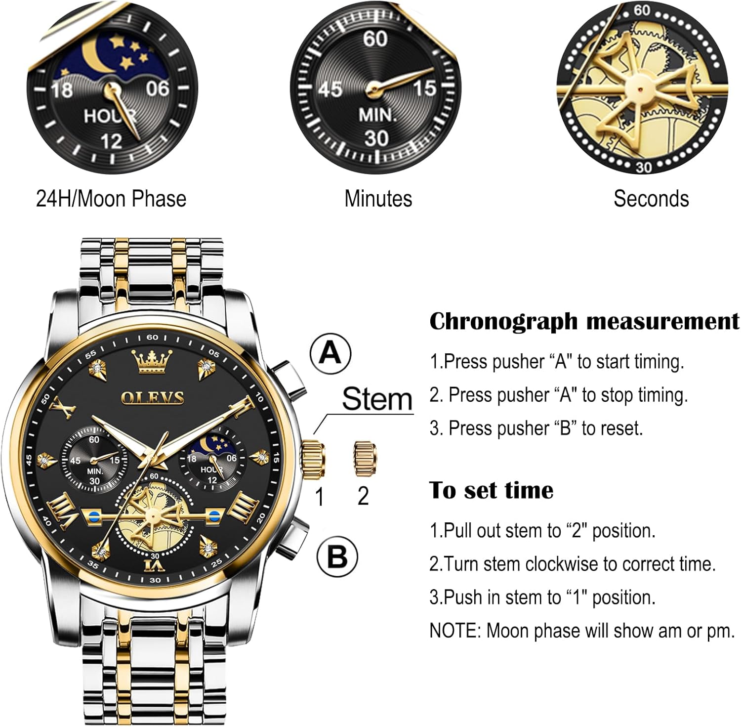 OLEVS Men Watches Stainless Steel Chronograph Watch, Large Wrist Analog Quartz Watch, Fashion Waterproof Diamond Roman Numerals Dress Watches for Men, Gold/Black/White/Blue/Grey Dial - Image 5