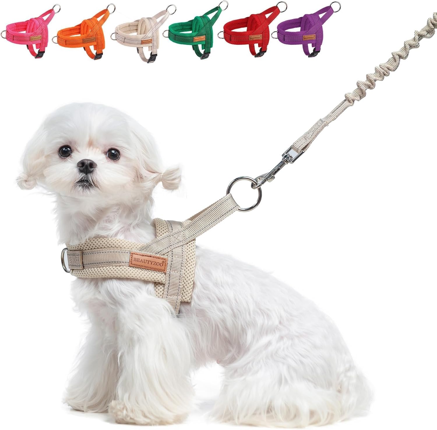 BEAUTYZOO Dog Harness for Small Dogs, No Pull Dog Harness and Leash Set, Soft Escape Proof Puppy Vest Harness with Handle, Reflective Lightweight Step in Harness for Girl Boy Dogs, Beige S