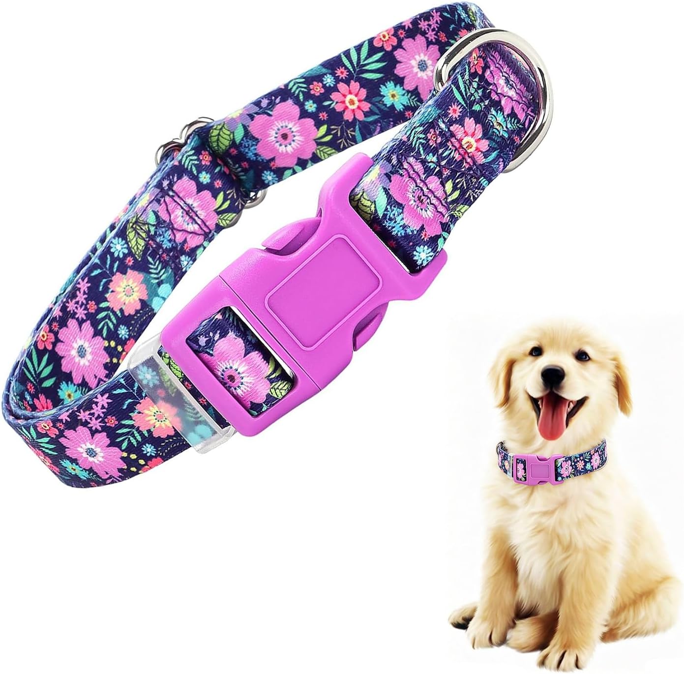 Bohemian Floral Dog Collar - Stylish Floral Pattern, Soft Nylon Adjustable Collar for Small Dogs, Quick-Release Buckle, Durable Pet Collar for Boy and Girl Puppies (Small)