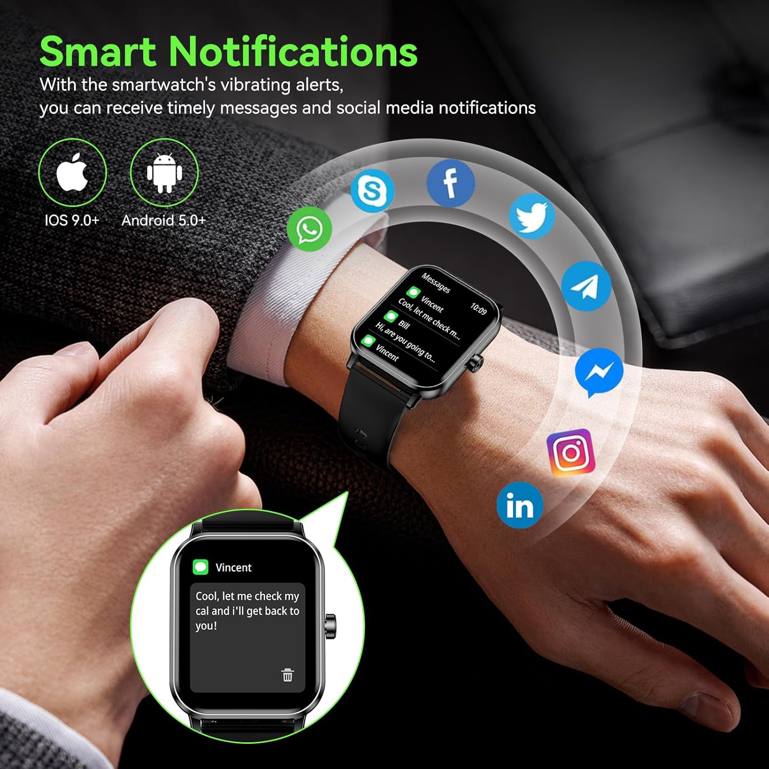 Smart Watch for Men Women, 1.85" HD Fitness Tracker with Bluetooth Calls, 24/7 Heart Rate/Sleep Monitor, 130+ Sport Modes, 5 ATM Waterproof, Pedometer, Calories, Smartwatch for Android iOS (Black) - Image 2