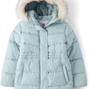 The Children’s Place Girls’ Water and Wind Resistant Hooded Zip Front Mid Length Puffer Jacket, Faux Fur Lined