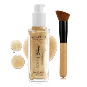 Body Shimmer Oil with Vitamin E, Glow Body Oil for Women, Long Lasting Nourishing & Moisturize for All Skin, Liquid Highlighter Makeup with Brush, Travel Size for Date, Wedding, Party, Light Gold