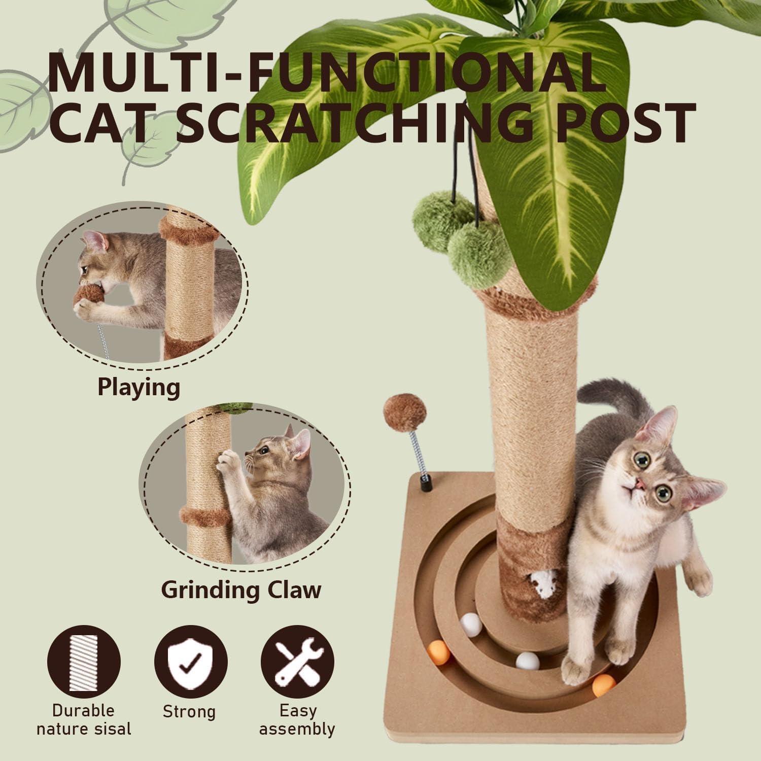 MECOOL 35in Tall Cat Scratching Post Sturdy and Premium Scratch Posts with Hanging Ball and Ball Track Cute Cat Tree for Indoor Cats - Image 4