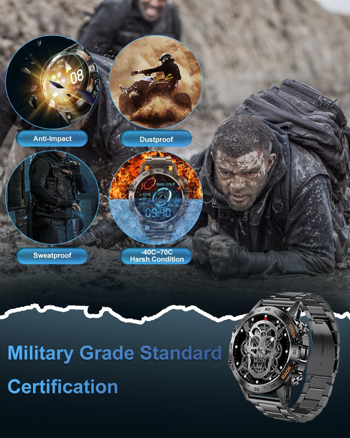 Military Smart Watches for Men(Answer/Make Call), Tactical Smartwatch for Android iOS, 400mAh Battery/Sports Tracking/Health/Sleep Monitoring - Image 3