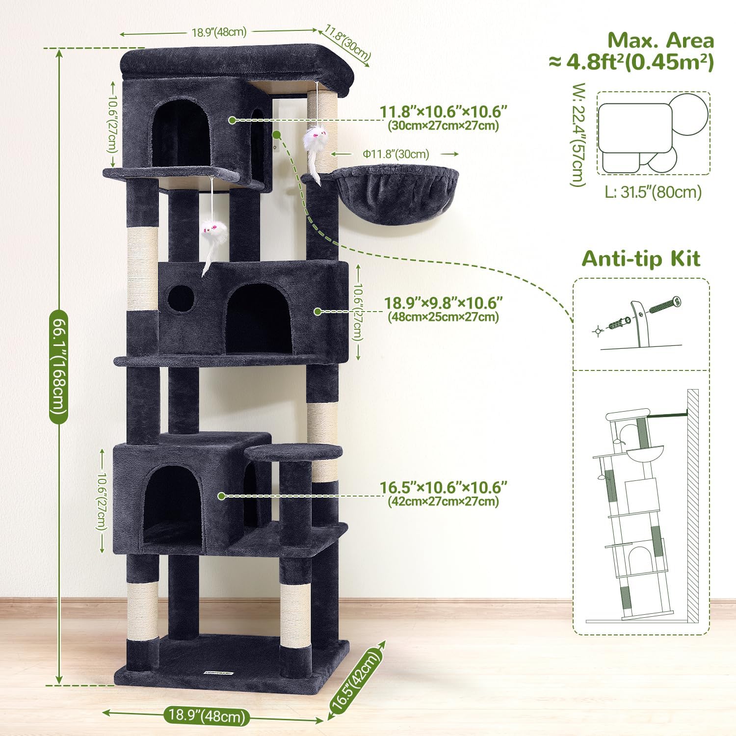 Globlazer Corner Cat Tree 66 inch Multi-Level Climbing Tower Kitty Condos Cat Scratching Tower for Indoor Multiple Cats with Large Platform, 3 Cat Caves, F66, Dark Grey - Image 6