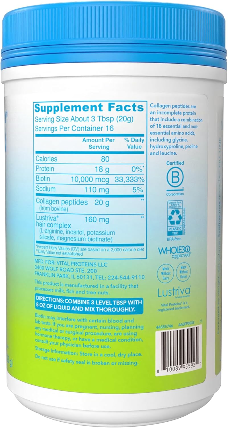 Vital Proteins Collagen Peptides + Biotin 10000mcg Hair Complex, Hair Growth Supplement - Clinically Studied Lustriva to Promote Thicker Fuller Hair, 20g Unflavored Collagen for Women 11.4oz Powder - Image 8