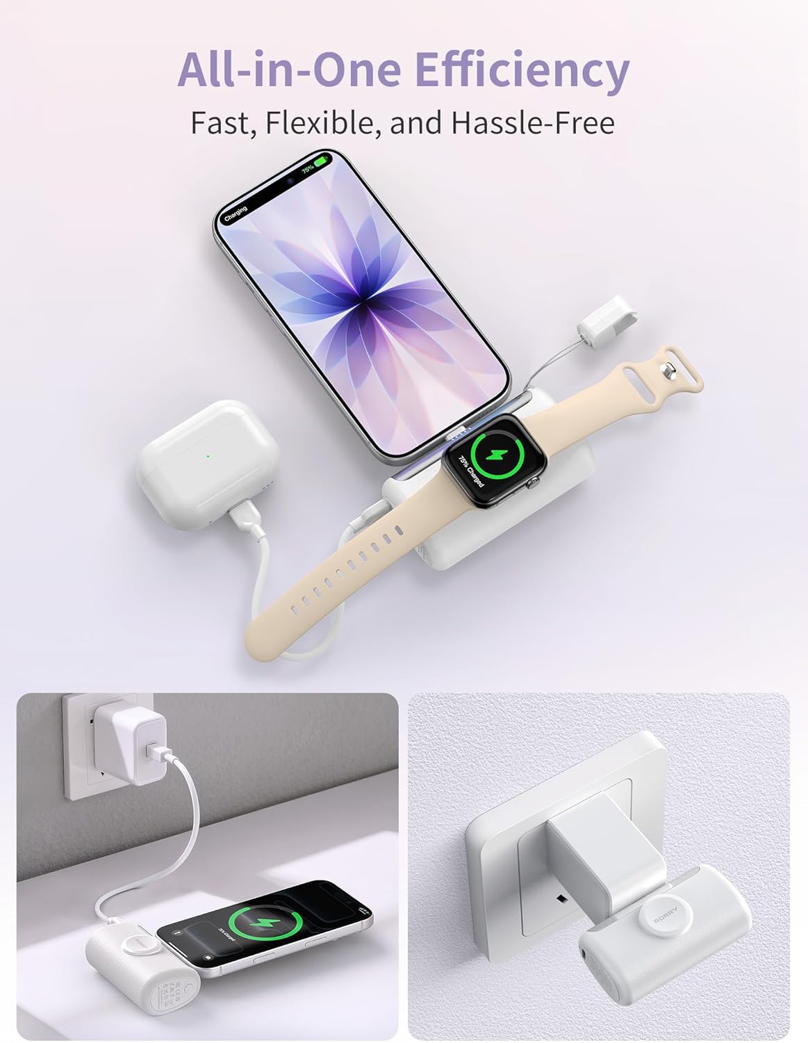 RORRY PalmGo Portable Charger, 10000mAh PD 22.5W Fast Charging Mini Power Bank with Built-in USB C Connector, 3-in-1 Battery Pack for iPhone 17/16/15 Pro/Max, Apple Watch Ultra/11/10/SE, iPad, Black - Image 6