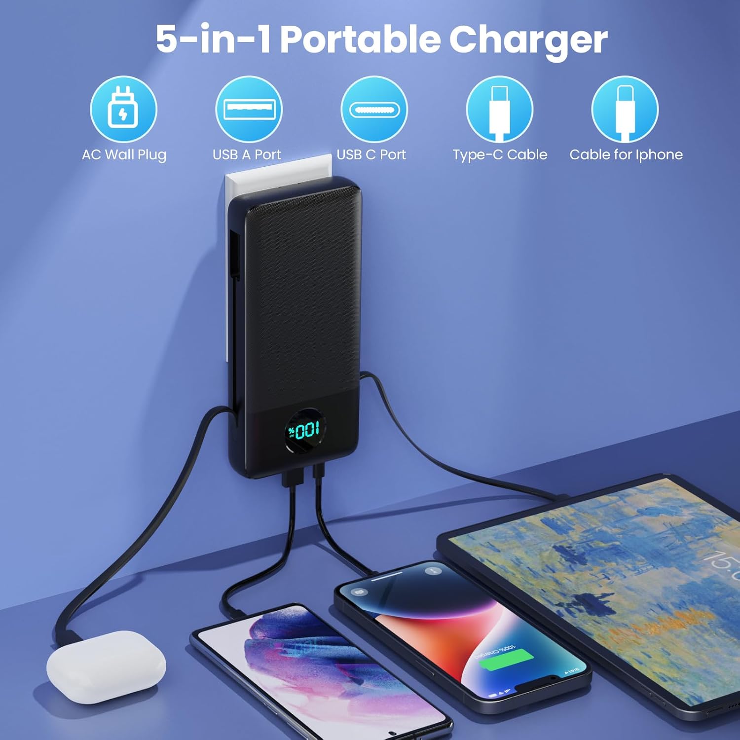 Portable Charger 33800mAh USB C Power Bank with Built-in Cables & AC Wall Plug,25W Fast Charging+QC 4.0 Phone Charger,4 Output Travel Essentials Battery Pack for iPhone16/15/14/13,Samsung,Android etc - Image 3