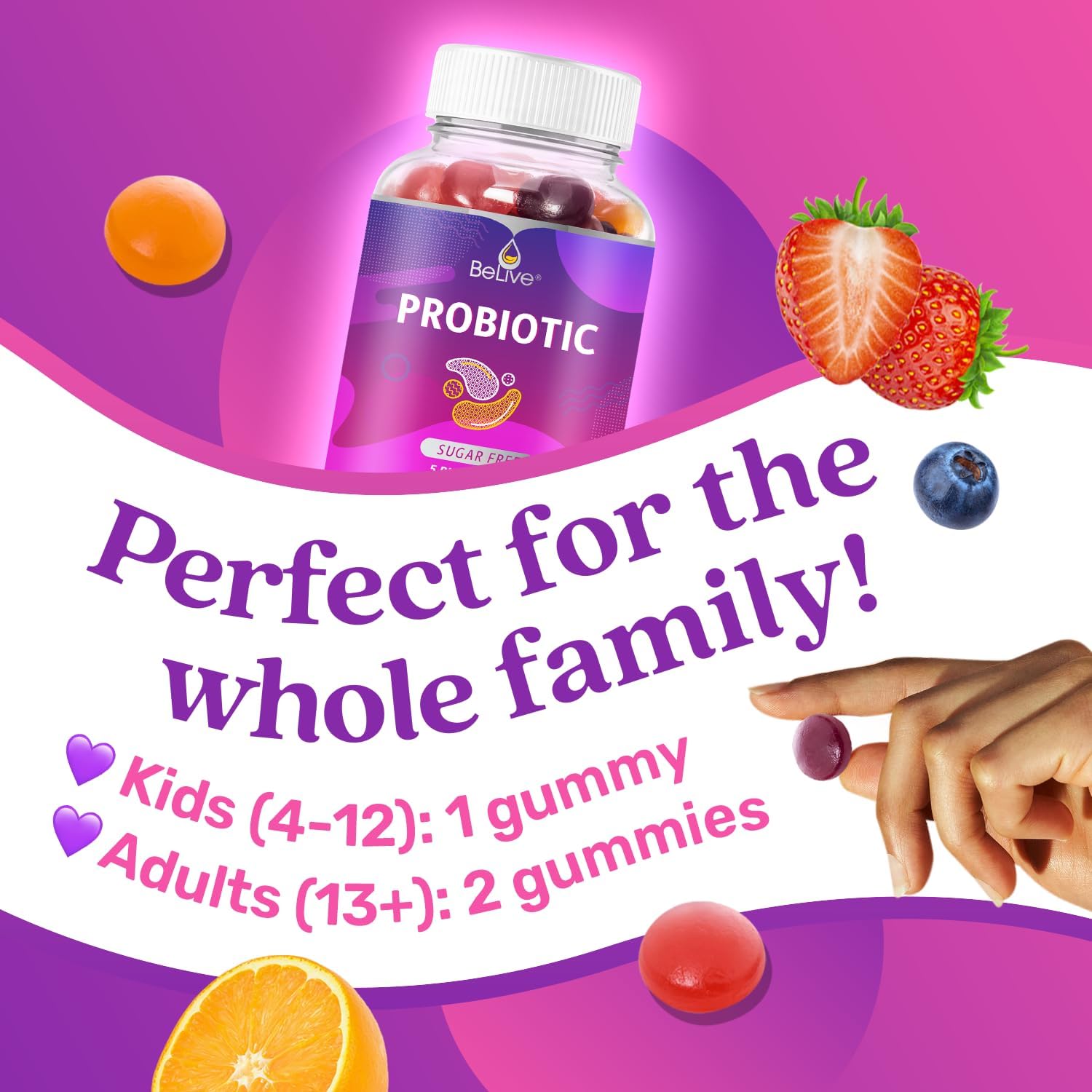 BeLive Probiotic Gummies - Probiotics with 5 Billion CFUs for Digestive Health, Men, Women & Kids - for Immune Support, Sugar Free & Vegan | 60 Ct – Blueberry, Strawberry & Orange - Image 5