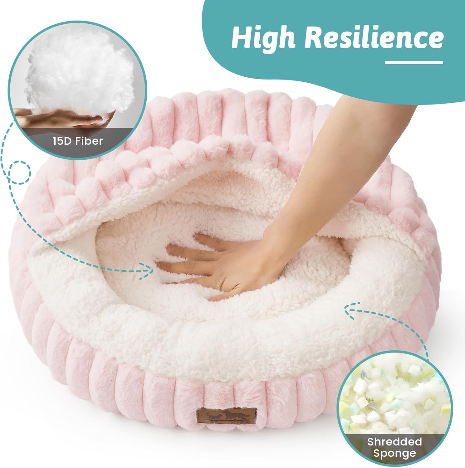 Cat Bed with Hooded Blanket, Round Fluffy Anti-Anxiety Pet Bed for Cats/Toy Breed Dogs, Cozy Donut Cuddler with Machine Washable Faux Fur & Anti-Slip Bottom(20"×20"×6",Pink) - Image 4